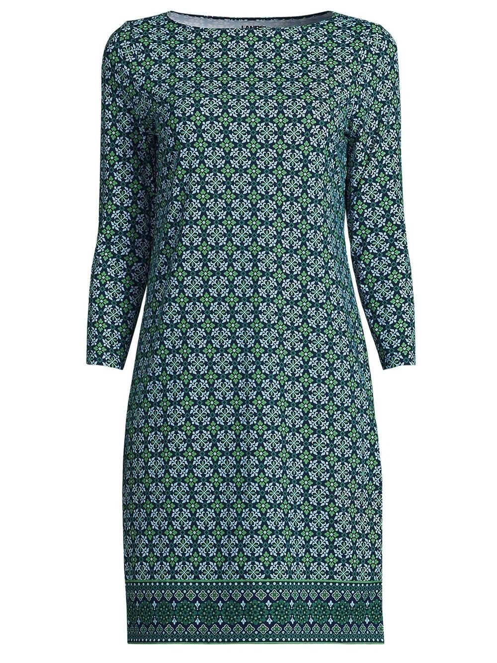 Lands' End Blue Green Geometric Floral 3/4 Sleeve Boatneck Cover Up Dress Size L